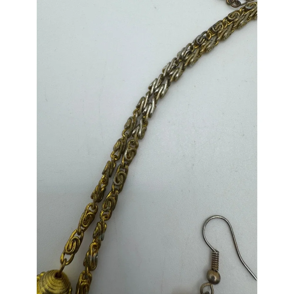 Vintage Amber Resin Tiger Eye Layered Necklace and Dangle Earring Set Gold Tone